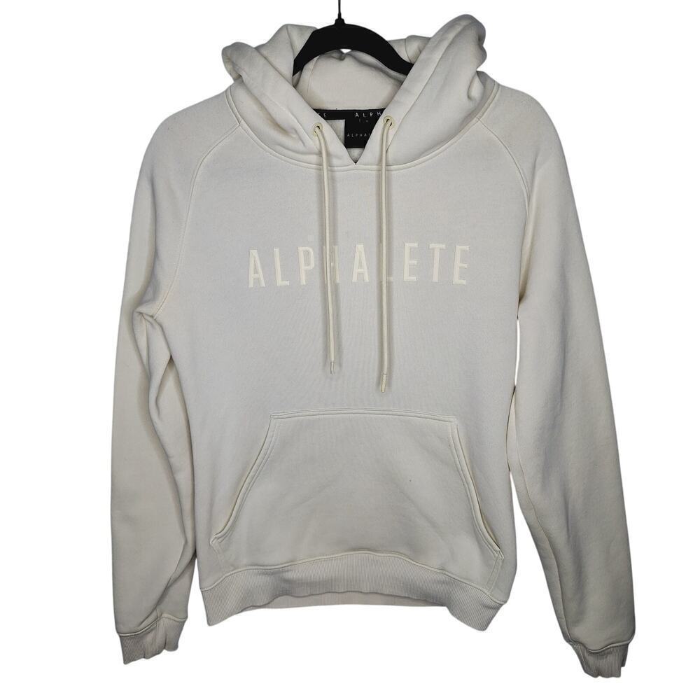 Alphalete Womens Hooded Sweatshirt Small Hoodie Cream Spell Out Logo Heavyweight